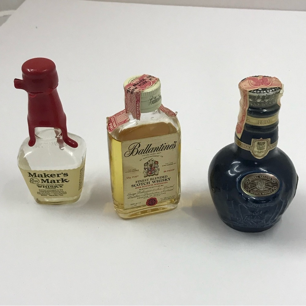 Lot of 3 Unique Vintage Mini Liquor Whisky Bottles Miniatures Sealed & Empty